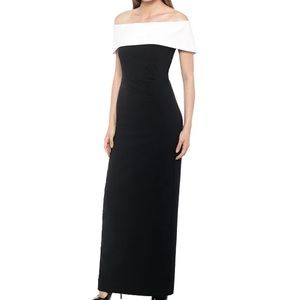 Marina Off-the-Shoulder Stretch Crepe Satin Contrast Short Sleeve Gown